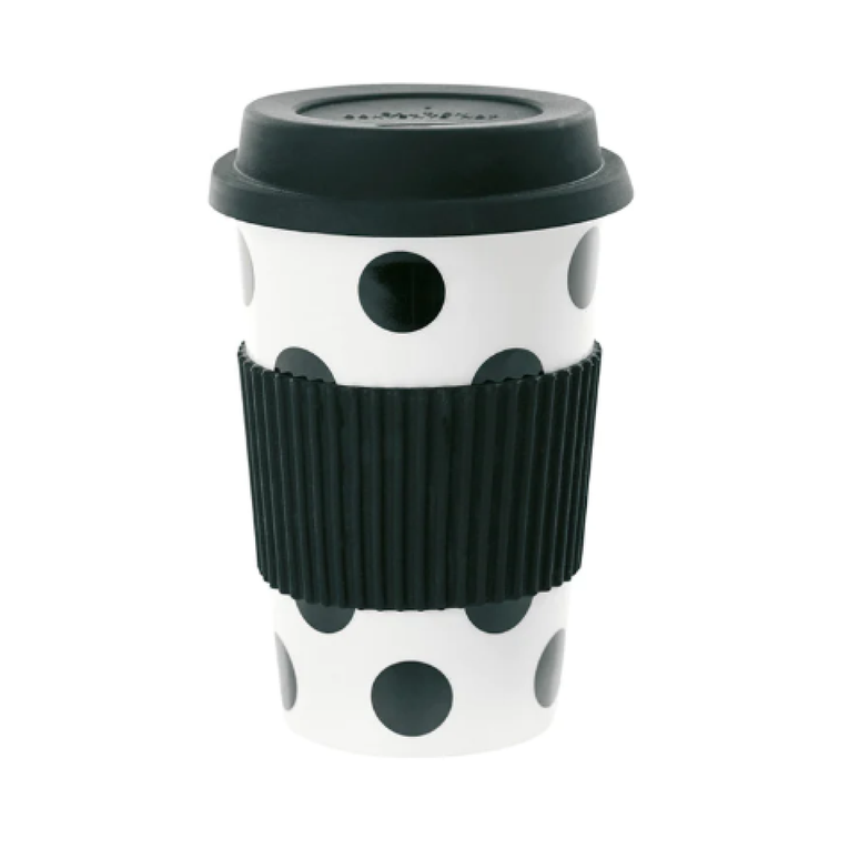Ms Etoile - Bamboo Melamine Travel Mug with Rubber Lid Black Dots
