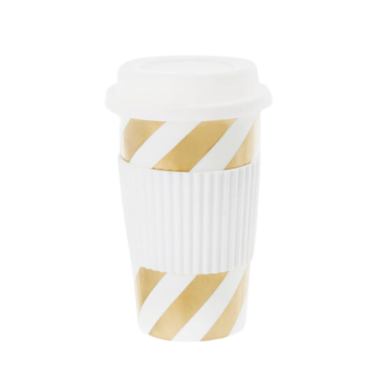 Ms Etoile - Ceramic Travel Mug with Rubber Lid Diagonal Gold Stripe