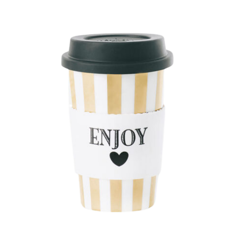 Ms Etoile - Ceramic Travel Mug with Rubber Lid "Enjoy" Gold Stripe