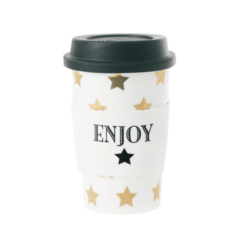 Ms Etoile - Ceramic Travel Mug with Rubber Lid Gold Stars
