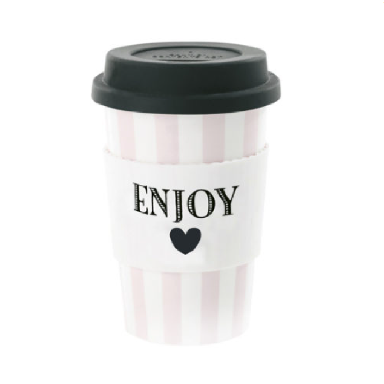 Ms Etoile - Ceramic Travel Mug with Rubber Lid Pink Stripes "Enjoy"
